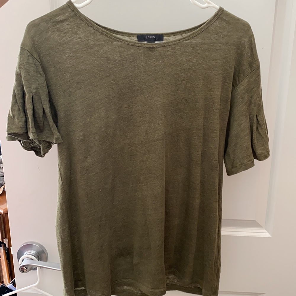 J. Crew Olive Linen Flutter Sleeve Tee